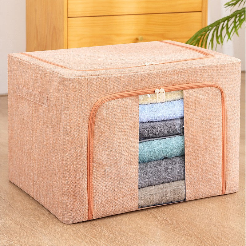 Cutie de Depozitare Pliabila, 66 L, din Bumbac si In, 50x40x33 cm, Fereastra Frontala, 2 Usi de Acces cu Fermoar Bidirectional, Cadru Metalic, Suport Baza Stabil din Plastic, Roz Pudrat