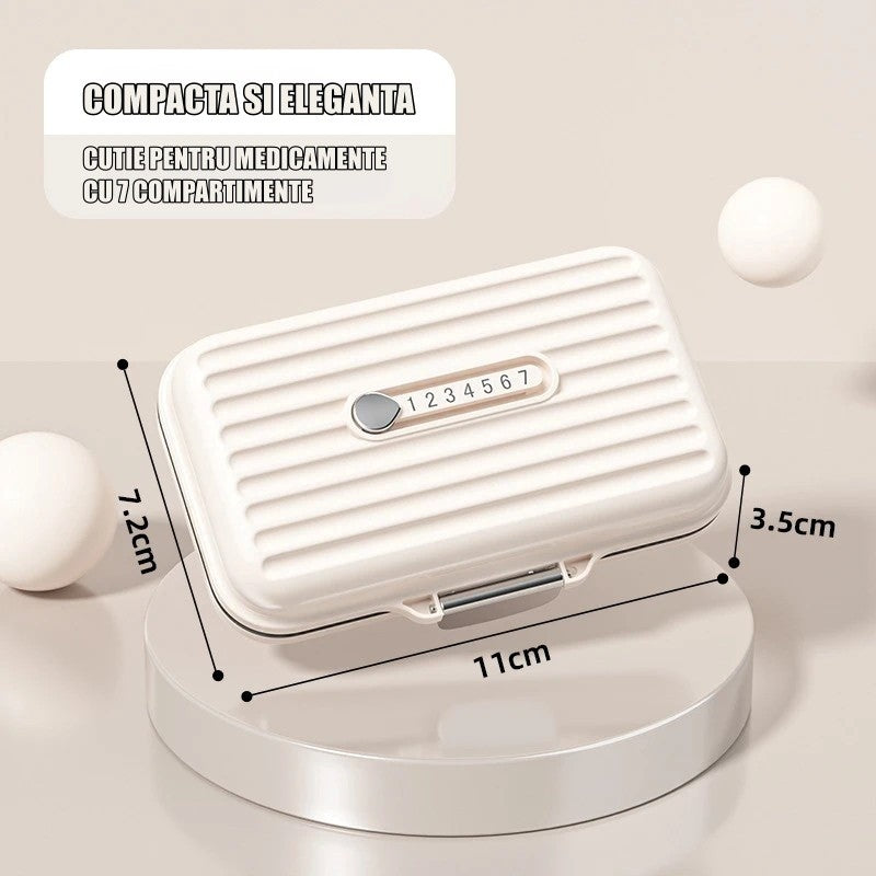 Cutie Medicamente, Bej, 7 Compartimente, Portabila si Compacta, 11x7.2x3.5 cm, Ideala pentru Uzul Cotidian