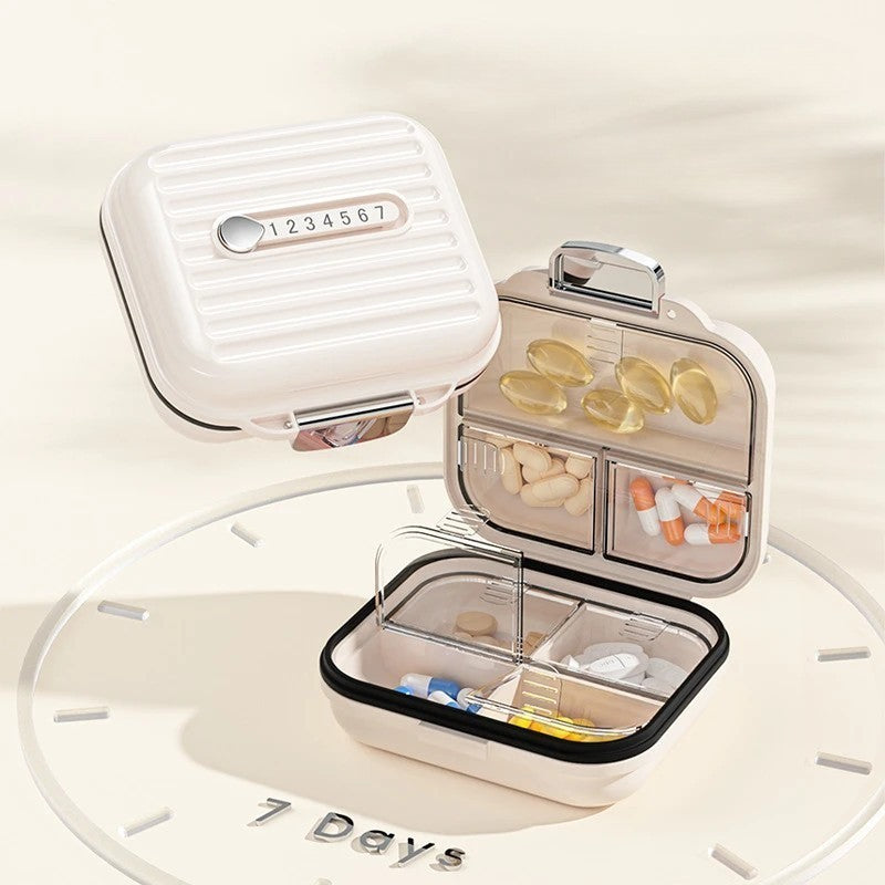 Cutie Medicamente, Bej, 7 Compartimente, Portabila si Compacta, 7.8x7.2x3.5 cm, Ideala pentru Uzul Cotidian