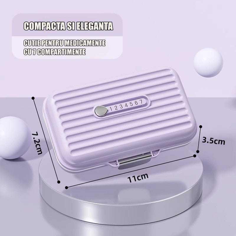 Cutie Medicamente, Mov, 7 Compartimente, Portabila si Compacta, 11x7.2x3.5 cm, Ideala pentru Uzul Cotidian