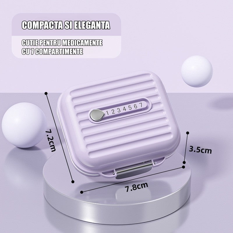 Cutie Medicamente, Mov, 7 Compartimente, Portabila si Compacta, 7.8x7.2x3.5 cm, Ideala pentru Uzul Cotidian