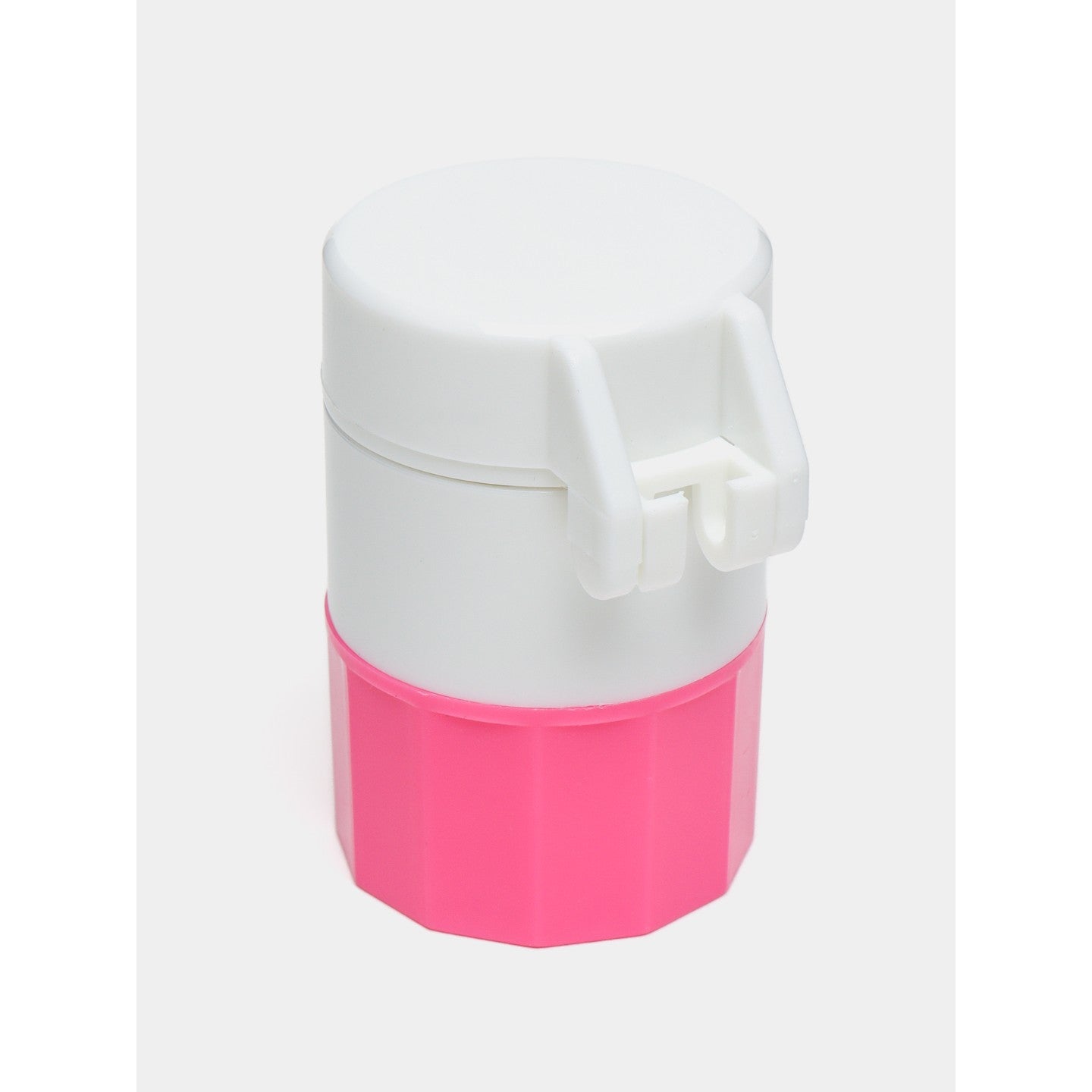 Cutie Pastile Multifunctionala, 4 in 1, Pahar Apa, Taiere, Sfaramare, Depozitare, Compact, ABS cu Lama din Inox, Alb/Roz, 8.7x6.2x4.1 cm