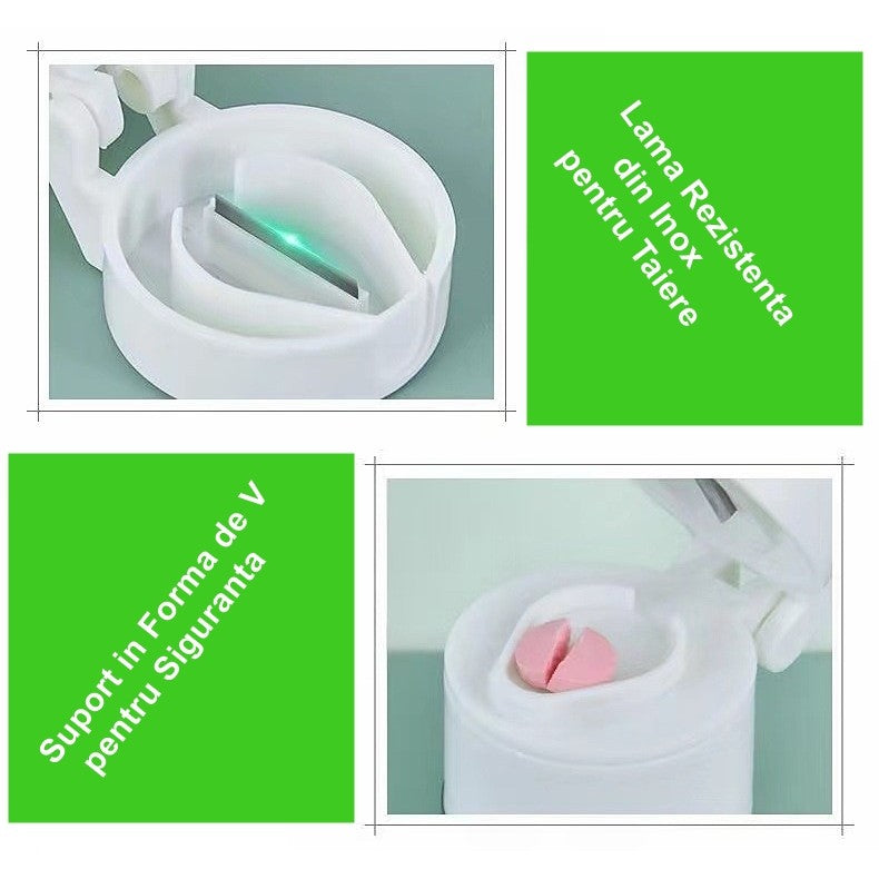 Cutie Pastile Multifunctionala, 4 in 1, Pahar Apa, Taiere, Sfaramare, Depozitare, Compact, ABS cu Lama din Inox, Alb, 8.7x6.2x4.1 cm