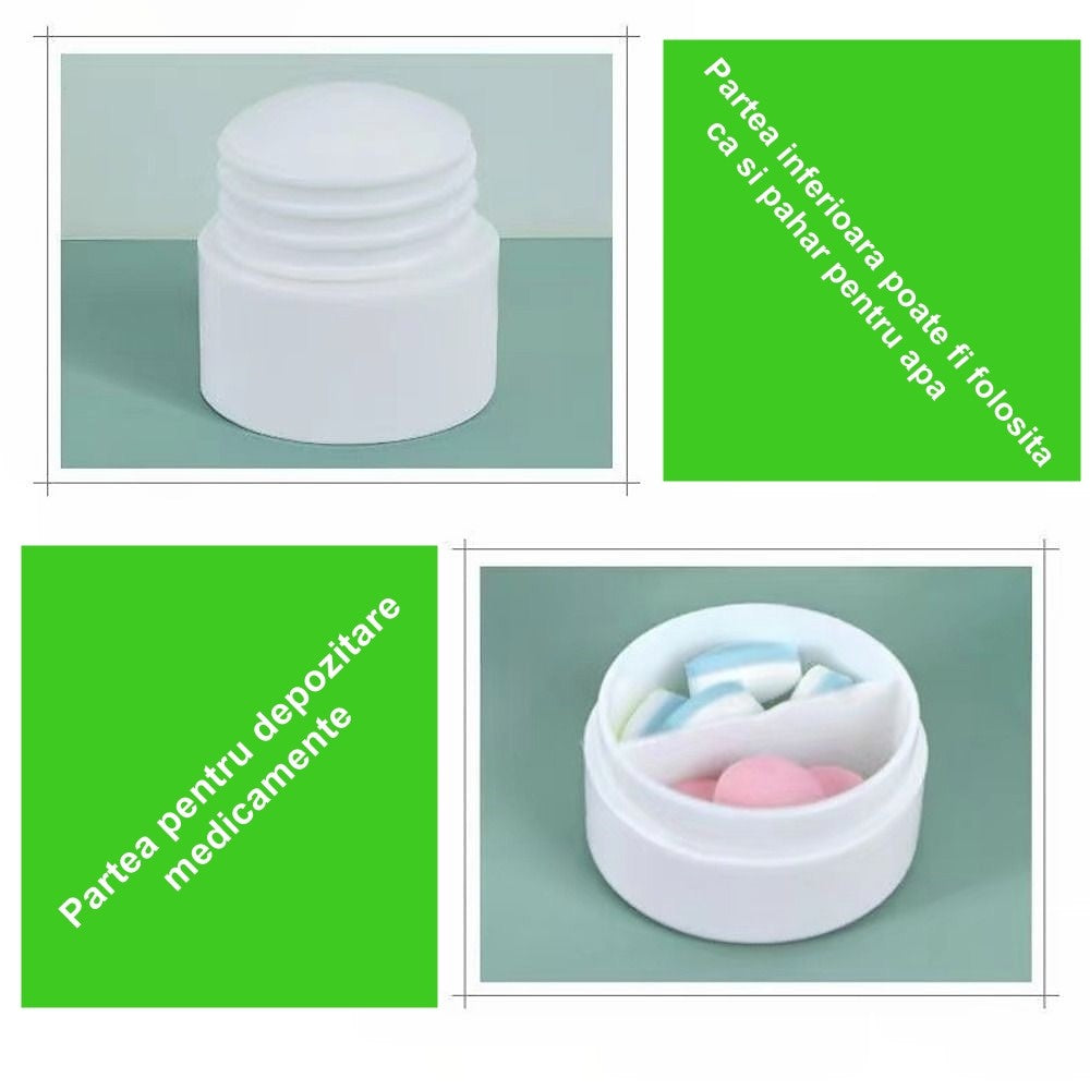 Cutie Pastile Multifunctionala, 4 in 1, Pahar Apa, Taiere, Sfaramare, Depozitare, Compact, ABS cu Lama din Inox, Alb, 8.7x6.2x4.1 cm