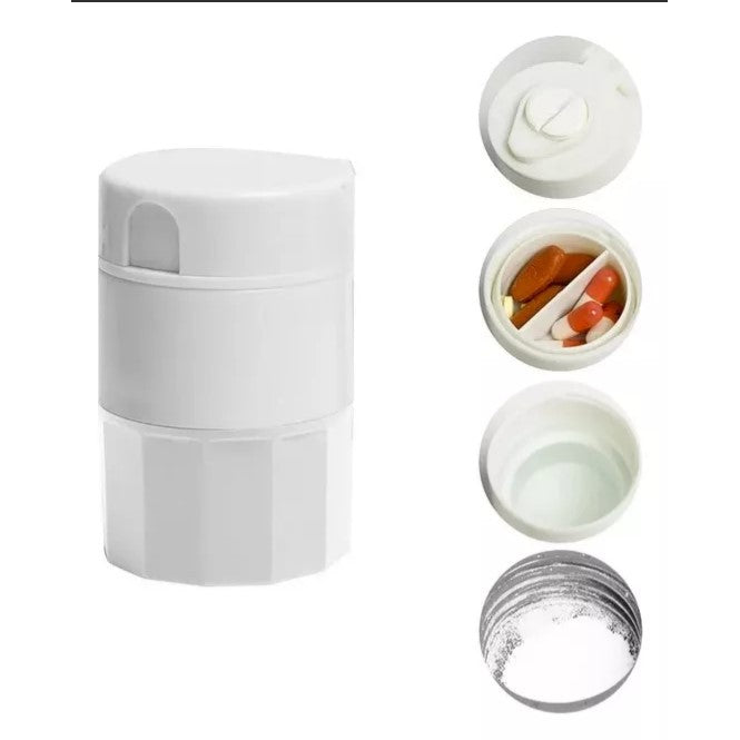 Cutie Pastile Multifunctionala, 4 in 1, Pahar Apa, Taiere, Sfaramare, Depozitare, Compact, ABS cu Lama din Inox, Alb, 8.7x6.2x4.1 cm