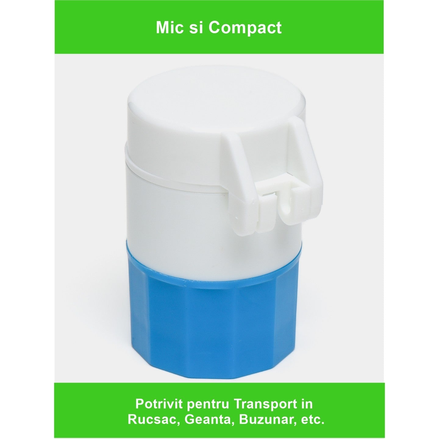 Cutie Pastile Multifunctionala, 4 in 1, Pahar Apa, Taiere, Sfaramare, Depozitare, Compact, ABS cu Lama din Inox, Alb/Albastru, 8.7x6.2x4.1 cm