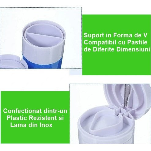 Cutie Pastile Multifunctionala, 4 in 1, Pahar Apa, Taiere, Sfaramare, Depozitare, Compact, ABS cu Lama din Inox, Alb/Albastru, 8.7x6.2x4.1 cm