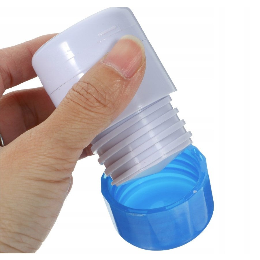 Cutie Pastile Multifunctionala, 4 in 1, Pahar Apa, Taiere, Sfaramare, Depozitare, Compact, ABS cu Lama din Inox, Alb/Albastru, 8.7x6.2x4.1 cm