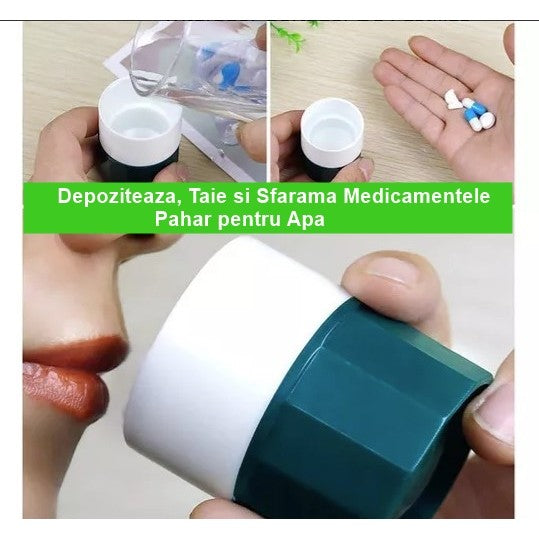 Cutie Pastile Multifunctionala, 4 in 1, Pahar Apa, Taiere, Sfaramare, Depozitare, Compact, ABS cu Lama din Inox, Alb/Verde, 8.7x6.2x4.1 cm