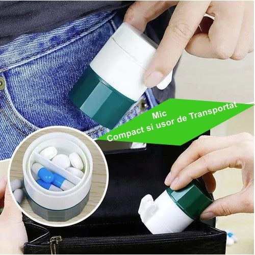Cutie Pastile Multifunctionala, 4 in 1, Pahar Apa, Taiere, Sfaramare, Depozitare, Compact, ABS cu Lama din Inox, Alb/Verde, 8.7x6.2x4.1 cm