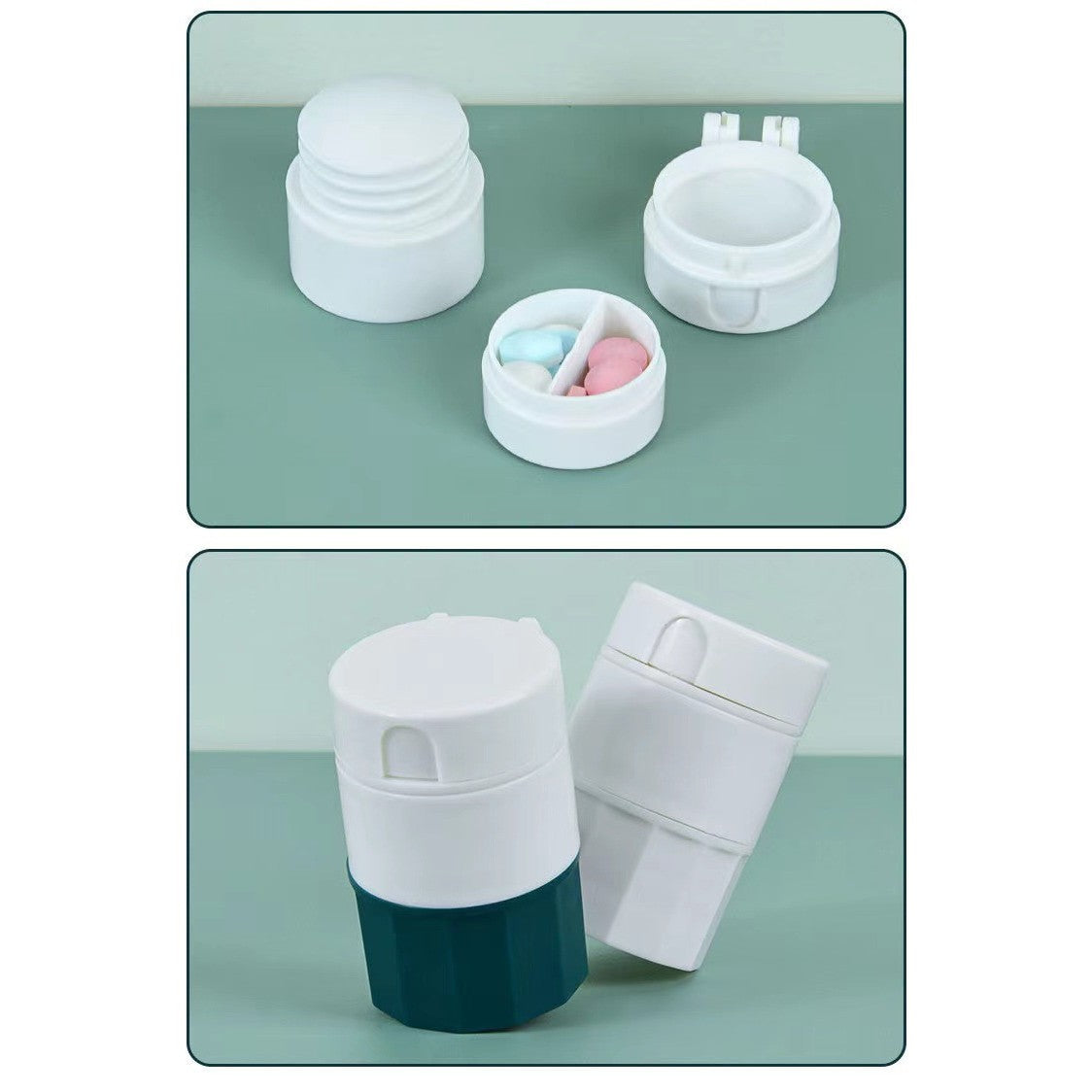 Cutie Pastile Multifunctionala, 4 in 1, Pahar Apa, Taiere, Sfaramare, Depozitare, Compact, ABS cu Lama din Inox, Alb/Verde, 8.7x6.2x4.1 cm