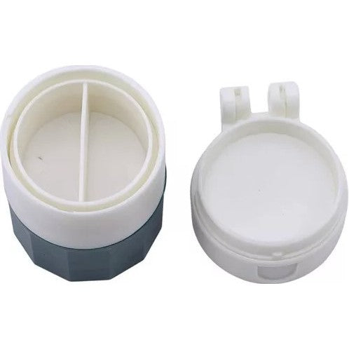 Cutie Pastile Multifunctionala, 4 in 1, Pahar Apa, Taiere, Sfaramare, Depozitare, Compact, ABS cu Lama din Inox, Alb/Verde, 8.7x6.2x4.1 cm