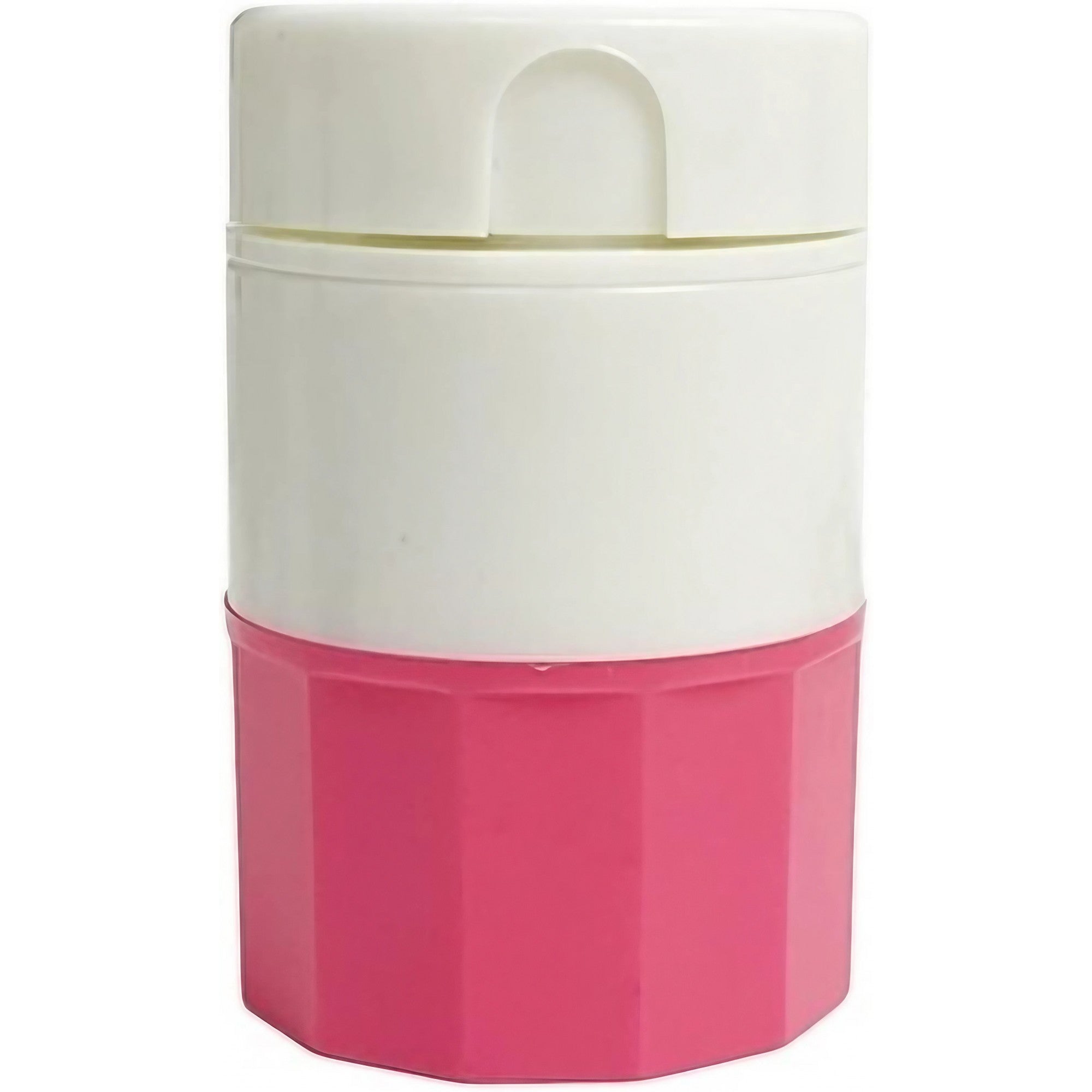 Cutie Pastile Multifunctionala, 4 in 1, Pahar Apa, Taiere, Sfaramare, Depozitare, Compact, ABS cu Lama din Inox, Alb/Roz, 8.7x6.2x4.1 cm