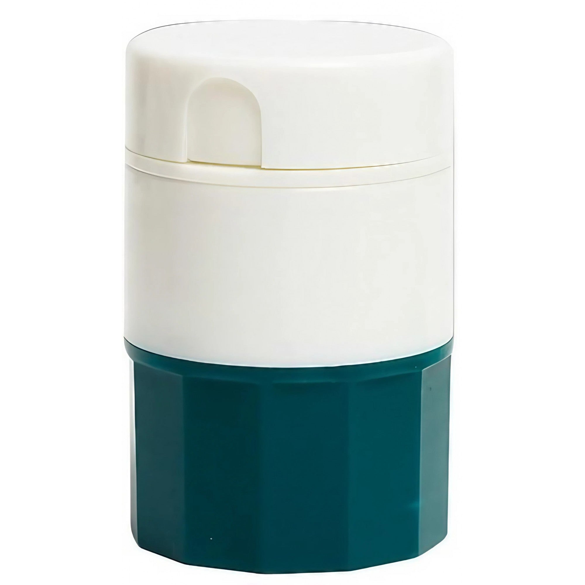 Cutie Pastile Multifunctionala, 4 in 1, Pahar Apa, Taiere, Sfaramare, Depozitare, Compact, ABS cu Lama din Inox, Alb/Verde, 8.7x6.2x4.1 cm