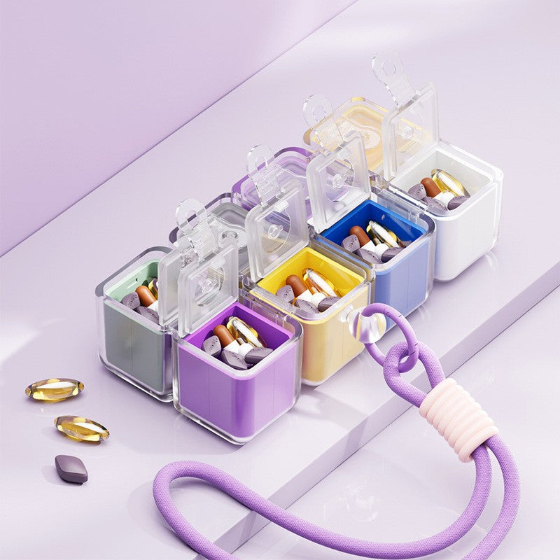Cutie pentru Medicamente, Flippy, Model Rubik' Cube, cu Curea de Agatare, Dozator Portabil de Medicamente, Dispenser Pastile, estimat pentru 7 zile, 7.3 x 6 x 6 cm, Multicolor