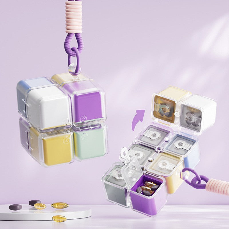 Cutie pentru Medicamente, Flippy, Model Rubik' Cube, cu Curea de Agatare, Dozator Portabil de Medicamente, Dispenser Pastile, estimat pentru 7 zile, 7.3 x 6 x 6 cm, Multicolor