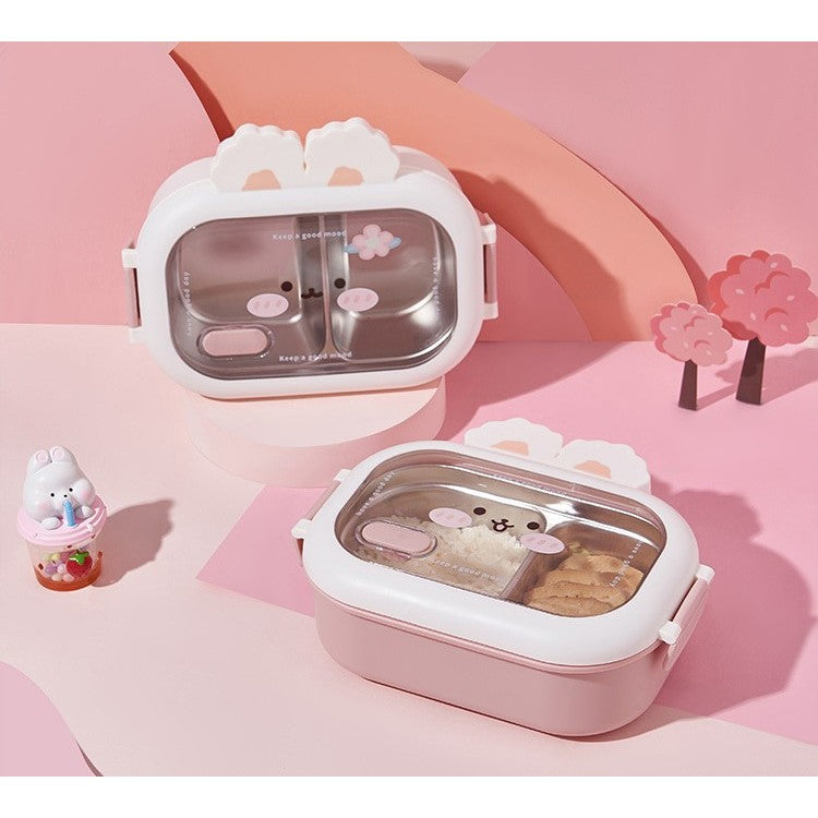 Cutie pentru Pranz sau Gustari, Flippy, cu Doua Compartimente, Model Iepuras, pentru Copii si Adulti, Etansare, PP, Perfect pentru Scoala si Birou, 1000 mL, 22x17.8x8 cm, Alb