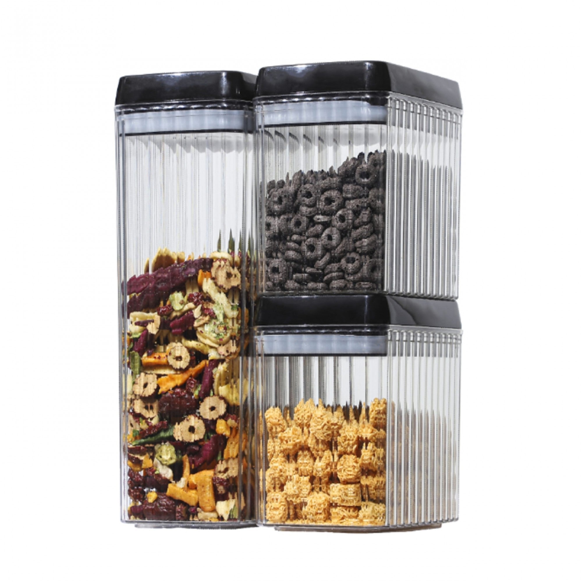 Set 3 Recipiente din Plastic, pentru Alimente/Obiecte, Inchidere Ermetica, Textura Ondulata, 2 x 1.5l, 1 x 3.3 l, Transparent