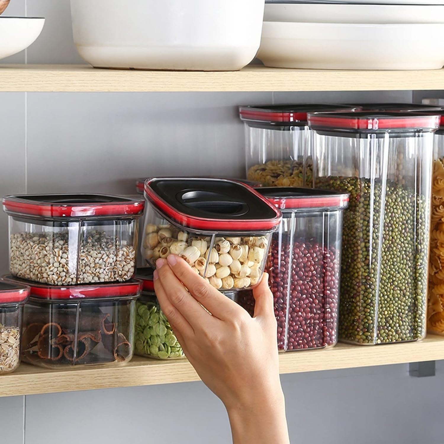 Cutii de Depozitare Alimente, Set din 5 Cuti de tip Container, Recipiente pentru Cereale in Bucatarie, Transparente cu Capac Negru