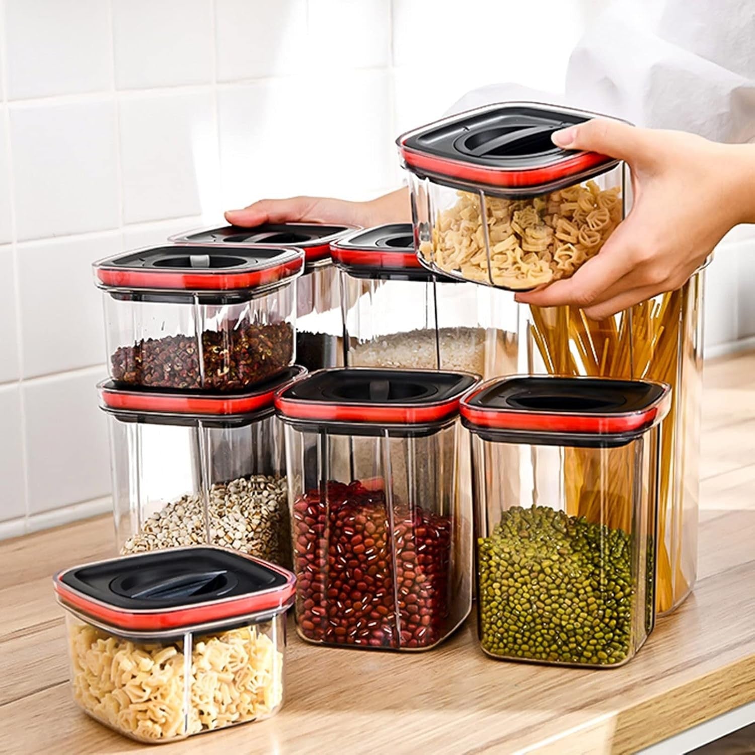 Cutii de Depozitare Alimente, Set din 5 Cuti de tip Container, Recipiente pentru Cereale in Bucatarie, Transparente cu Capac Negru