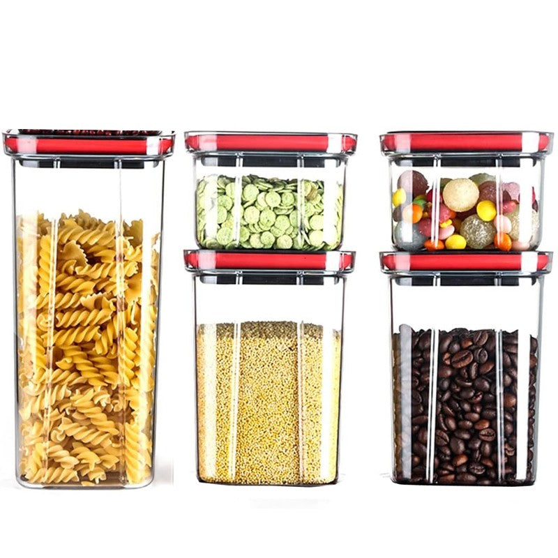 Cutii de Depozitare Alimente, Set din 5 Cuti de tip Container, Recipiente pentru Cereale in Bucatarie, Transparente cu Capac Negru