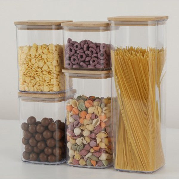 Cutii de Depozitare Alimente, Set din 5 Cutii de tip Container, Cutii pentru Cereale, din Plastic, Capac din Bambuc, 1pc 0.5 l. 2pc 0.8 l, 2pc 1.2 l, 1pc 1.9 l, Transparente