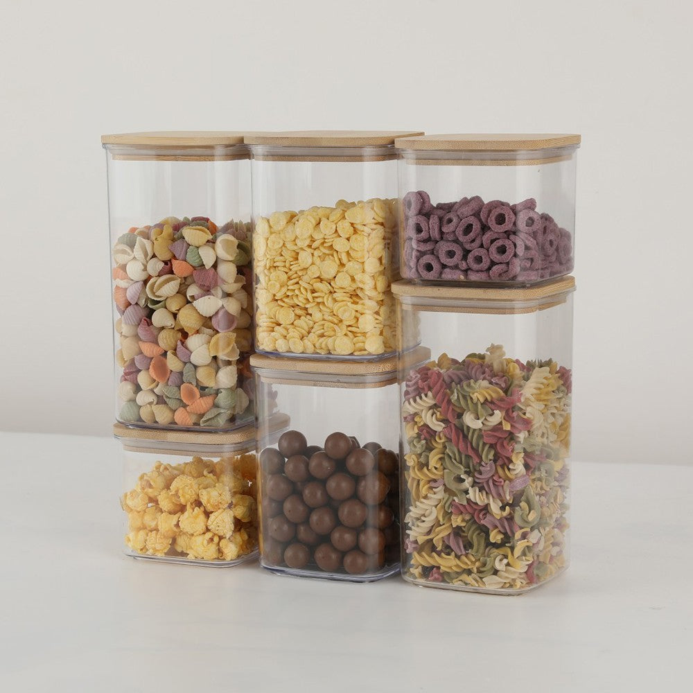 Cutii de Depozitare Alimente, Set din 6 Cutii de tip Container, Cutii pentru Cereale, din Plastic, Capac din Bambuc, 2pc 0.5 l. 2pc 0.8 l