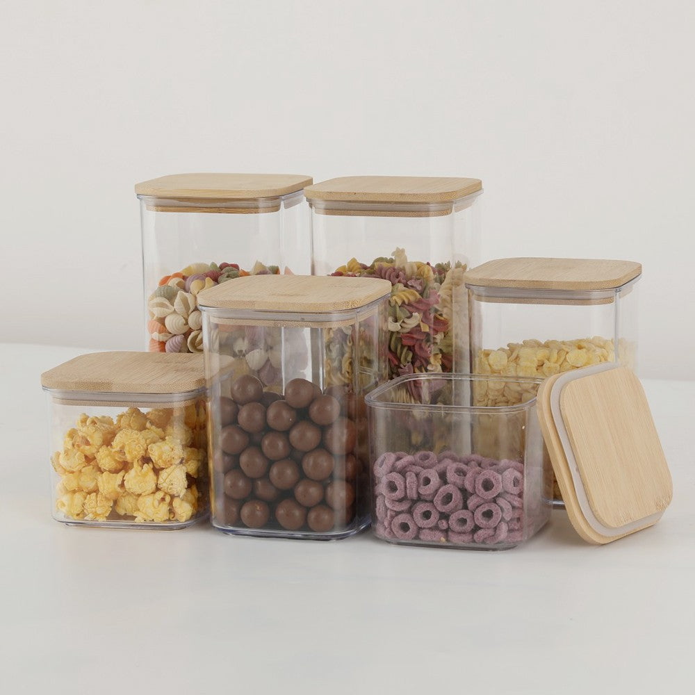 Cutii de Depozitare Alimente, Set din 6 Cutii de tip Container, Cutii pentru Cereale, din Plastic, Capac din Bambuc, 2pc 0.5 l. 2pc 0.8 l
