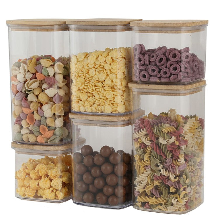Cutii de Depozitare Alimente, Set din 6 Cutii de tip Container, Cutii pentru Cereale, din Plastic, Capac din Bambuc, 2pc 0.5 l. 2pc 0.8 l