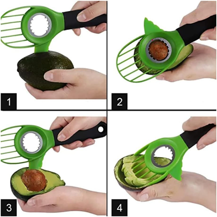 Cutit 3in1 pentru Avocado, Cutit, Scoatere Miez si Feliator Pulpa, din PP si Otel Inoxidabil, Negru/Verde