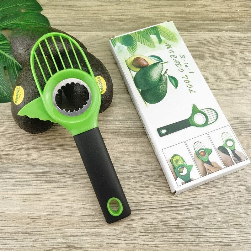 Cutit 3in1 pentru Avocado, Cutit, Scoatere Miez si Feliator Pulpa, din PP si Otel Inoxidabil, Negru/Verde