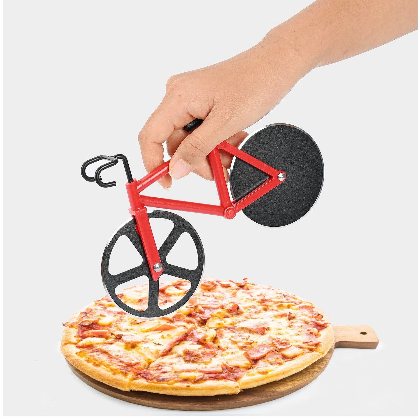 Cutit pizza creativ in forma de bicicleta, cu suport pentru cutit, 19 x 12.5 cm, otel/PP, negru