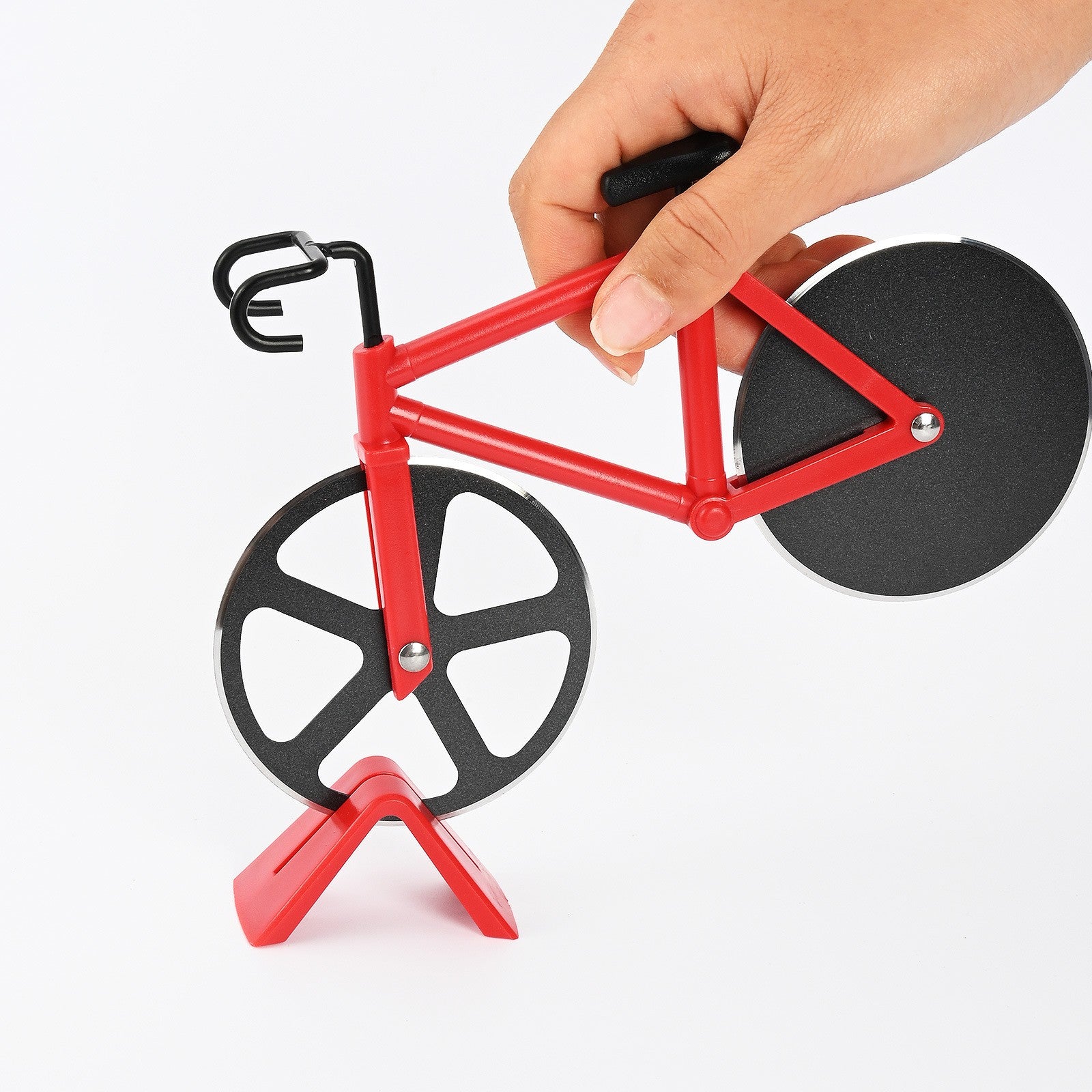 Cutit pizza creativ in forma de bicicleta, cu suport pentru cutit, 19 x 12.5 cm, otel/PP, negru