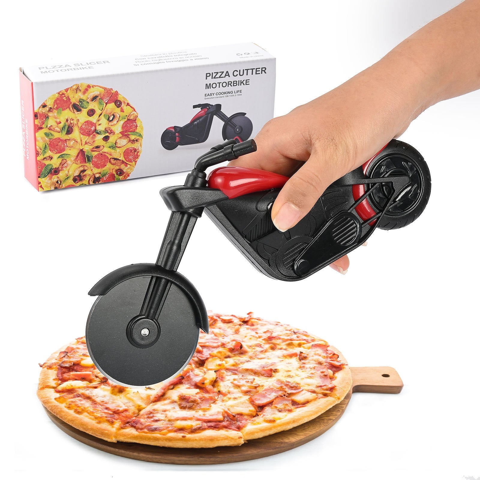 Cutit pizza creativ in forma de motocicleta, cu suport pentru cutit, 21.5 x 9.5 cm, otel/PP, negru