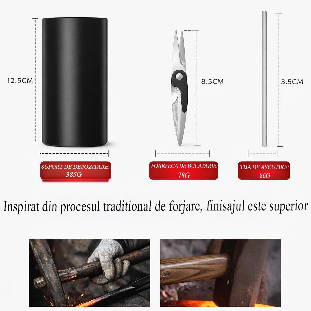 Cutite Bucatarie, Set 9 Piese, Otel Inoxidabil cu Acoperire Antiaderenta, Suport Depozitare Inclus, 6 Cutite, Tija Ascutire si Foarfeca Bucatarie, 31 x 10 x 10 cm, Negru
