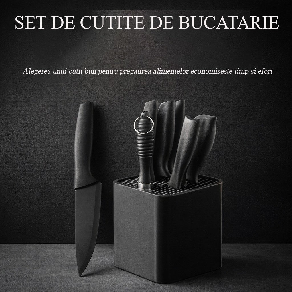 Cutite Bucatarie, Set 9 Piese, Otel Inoxidabil cu Acoperire Antiaderenta, Suport Depozitare Inclus, 6 Cutite, Tija Ascutire si Foarfeca Bucatarie, 31 x 10 x 10 cm, Negru