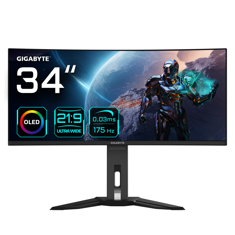 Gigabyte MO34WQC gaming monitor diagonala 34", 800.06 x 337.06 mm, OLED, Anti-Reflection, Rezolutie: 3440 x 1440 (WQHD), Luminozitate: 250 cd/m2, Contrast: 1.5M:1, Unghi vizualizare: 178°(H)/178°(V), Timp raspuns: 0.03ms GTG, Refresh rate: 175Hz, Flicker-