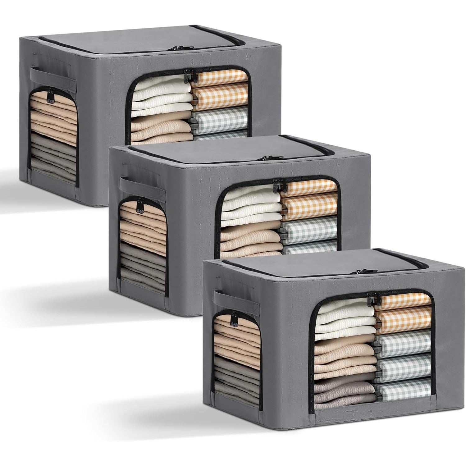 Cutie de Depozitare, cu 3 Ferestre cu Fermoar Bidirectional, Cadru din Otel, Impermeabil, 38L, 42 x 30 x 30 cm, Gri Inchis