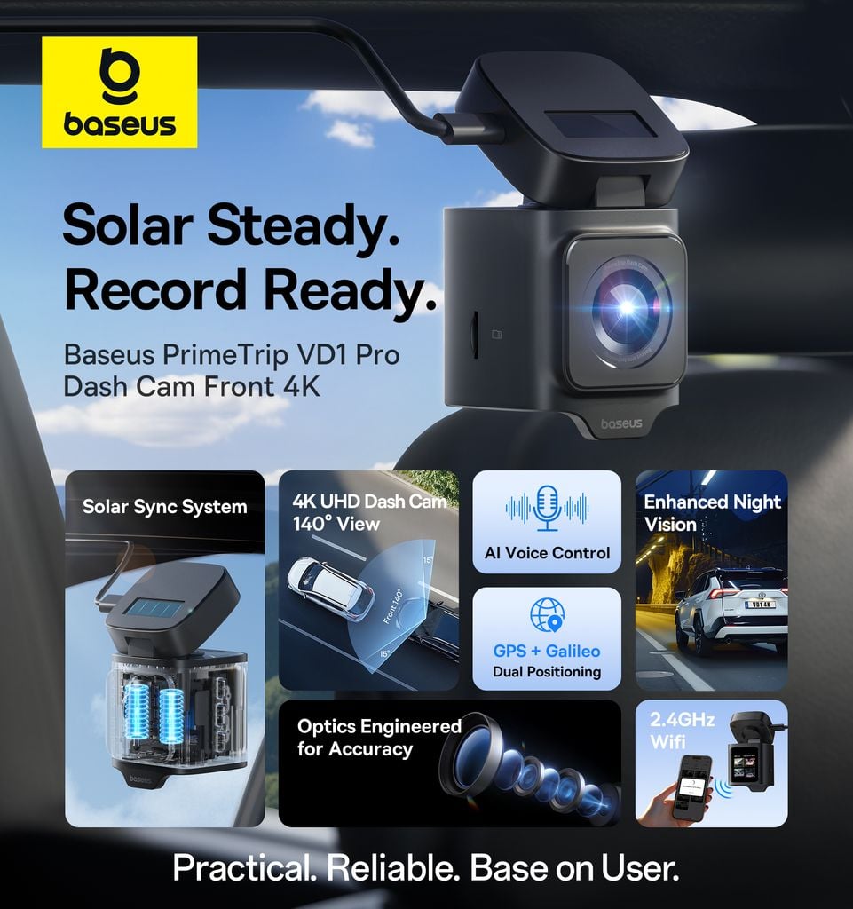 CAMERA DASHCAM Baseus PrimeTrip VD1 Pro, 4K 1080P, acumulator integrat Incarcare solara, unghi pana la 170 grade, negru "C0119804" - 6942521200252