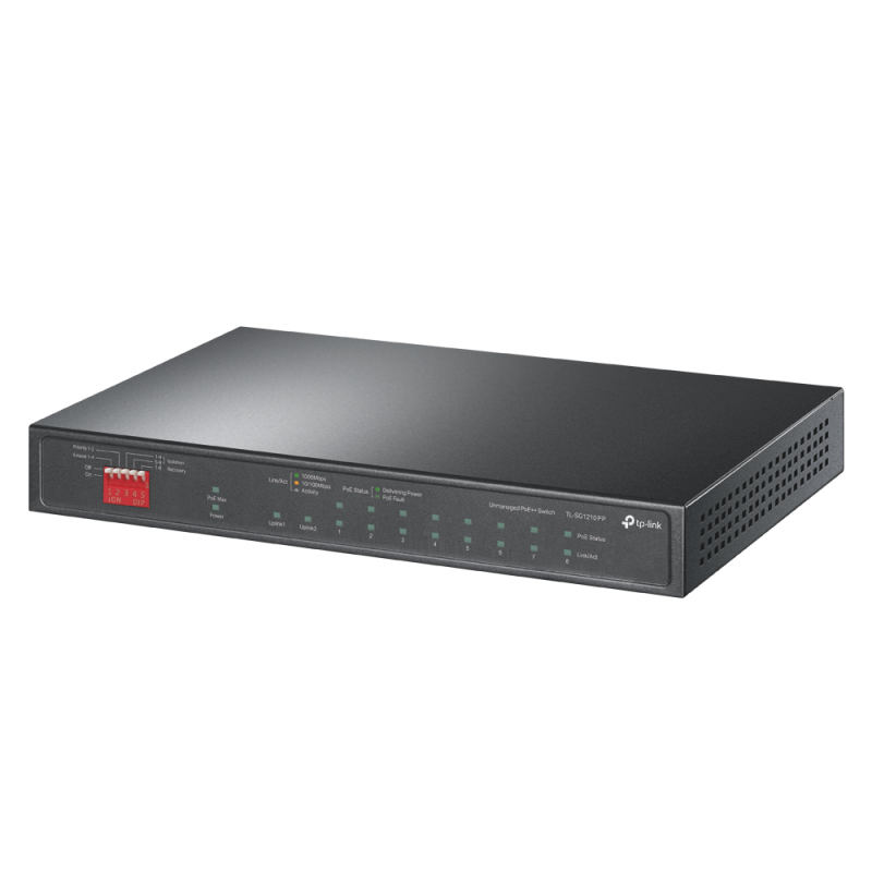 Switch Desktop 10-Port Gigabit with 6-Port PoE+ and 2-Port PoE++ PORT: 2× Gigabit PoE++ Ports, 6× Gigabit PoE+ Ports, 2x Gigabit Non-PoE Ports, 1× Combo Gigabit SFP Slot SPEC: 802.3af/at/bt type3, 123 W PoE Power,  Desktop Steel Case FEATURE: Extend Mode 