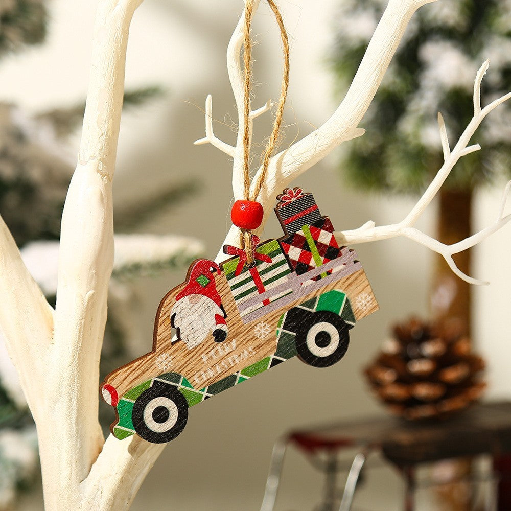 Decoratiune de Craciun din Lemn, cu Snur pentru Agatare in Brad, Model Masina lui Mos Craciun, Scris Merry Christmas, 8x8x0.4 cm, Multicolor