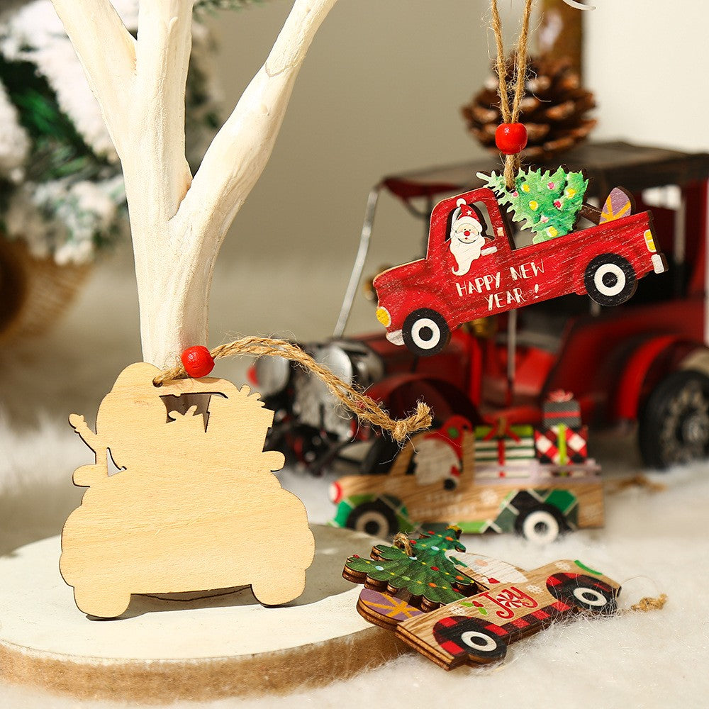 Decoratiune de Craciun din Lemn, cu Snur pentru Agatare in Brad, Model Masina lui Mos Craciun, Scris Merry Christmas, 8x8x0.4 cm, Multicolor