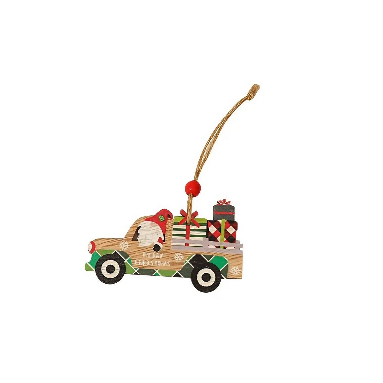 Decoratiune de Craciun din Lemn, cu Snur pentru Agatare in Brad, Model Masina lui Mos Craciun, Scris Merry Christmas, 8x8x0.4 cm, Multicolor