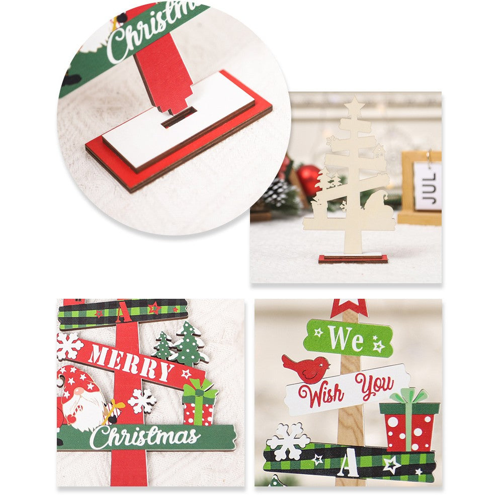 Decoratiune de Craciun din Lemn, pentru Masa, Scris We Wish You A Merry Christmas, Model Bradut, 21.5x12.2x4 cm, Multicolor