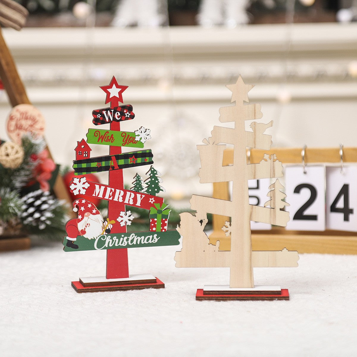 Decoratiune de Craciun din Lemn, pentru Masa, Scris We Wish You A Merry Christmas, Model Bradut, 21.5x12.2x4 cm, Multicolor
