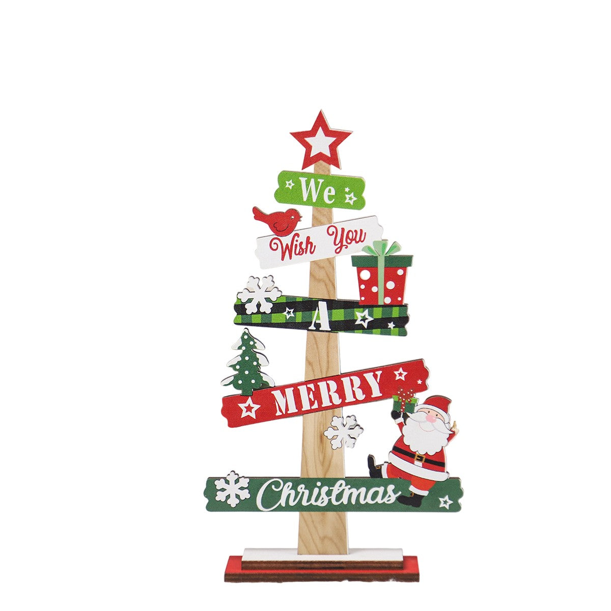 Decoratiune de Craciun din Lemn, pentru Masa, Scris We Wish You A Merry Christmas, Model Bradut, 21.5x12.2x4 cm, Multicolor