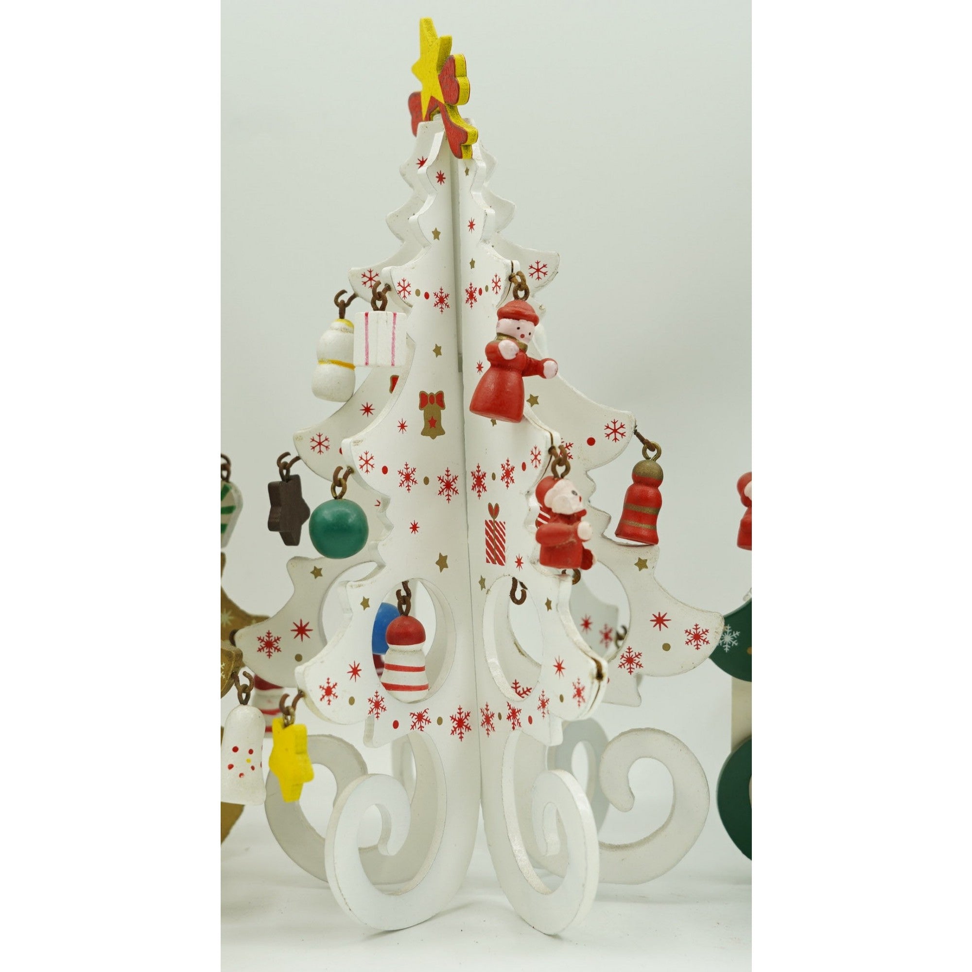 Decoratiune Craciun, Brad, Alb, 6 cavitati cu ornamente, 12 cm x 20 cm, Lemn