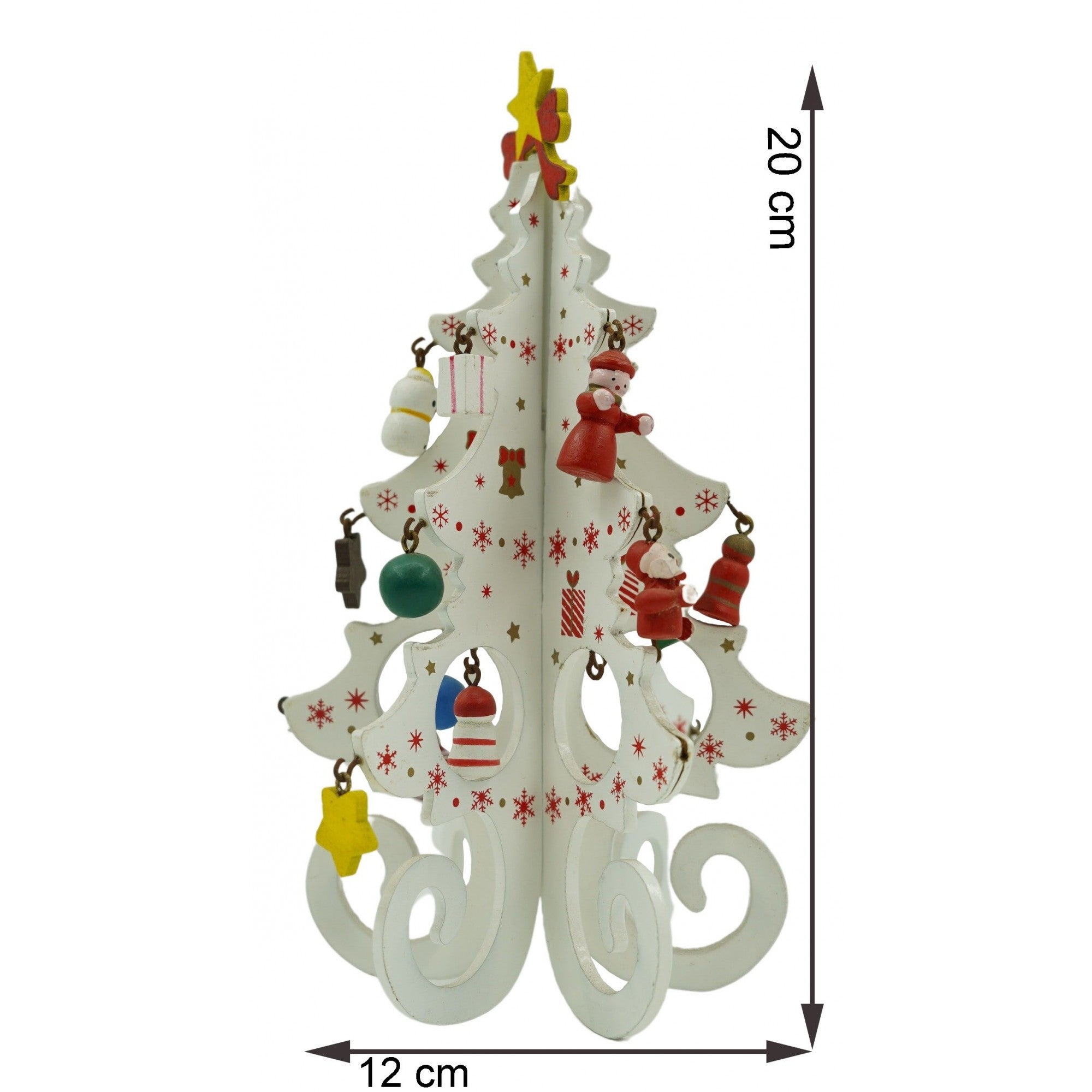 Decoratiune Craciun, Brad, Alb, 6 cavitati cu ornamente, 12 cm x 20 cm, Lemn