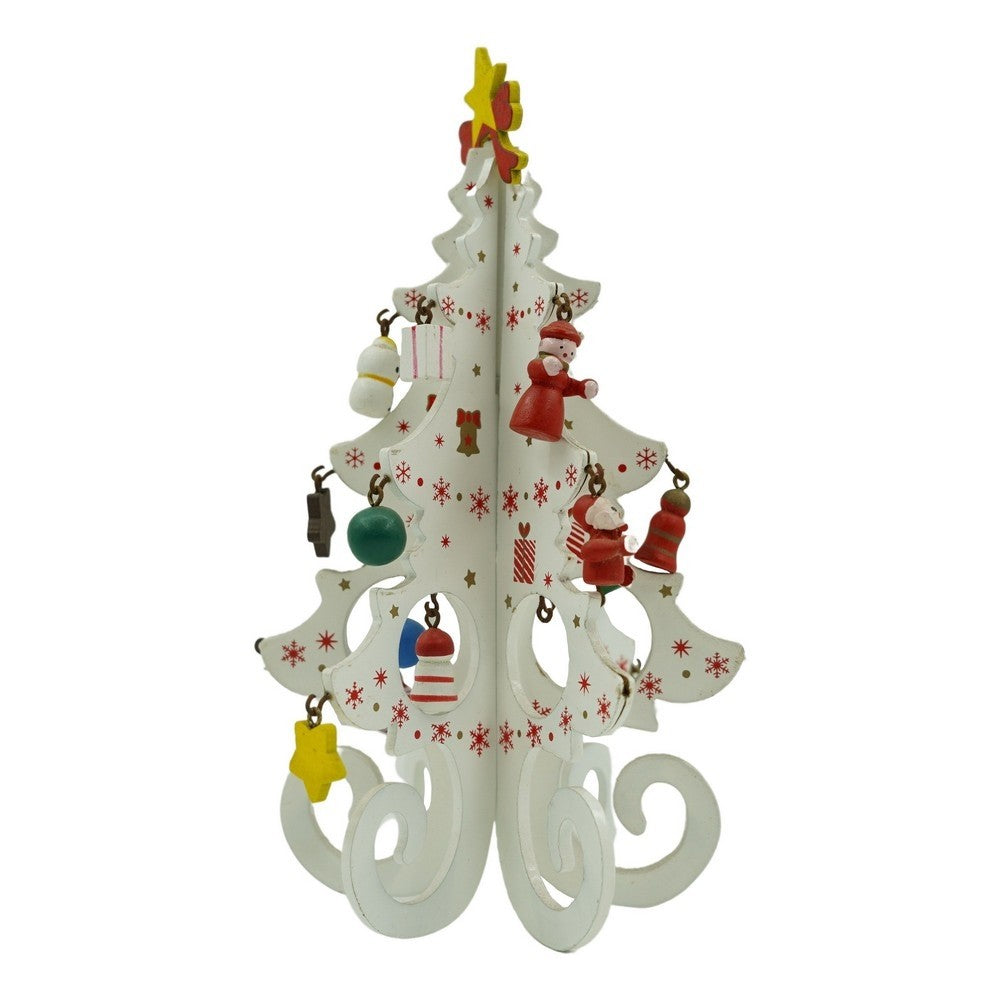 Decoratiune Craciun, Brad, Alb, 6 cavitati cu ornamente, 12 cm x 20 cm, Lemn