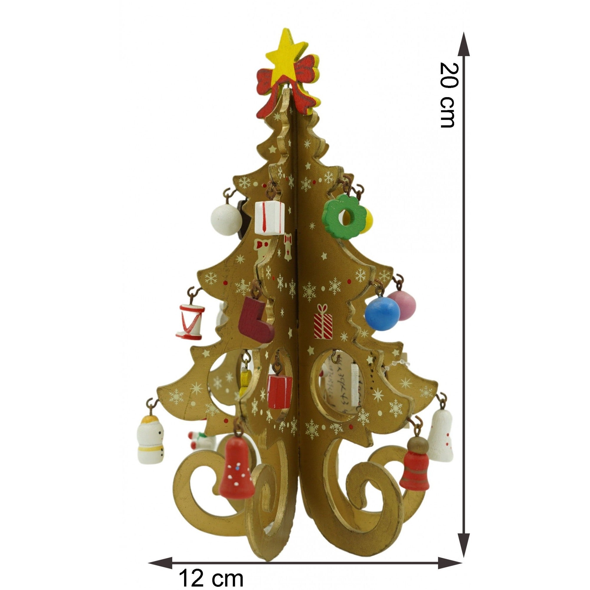 Decoratiune Craciun, Brad, Auriu, 6 cavitati cu ornamente, 12 cm x 20 cm, Lemn